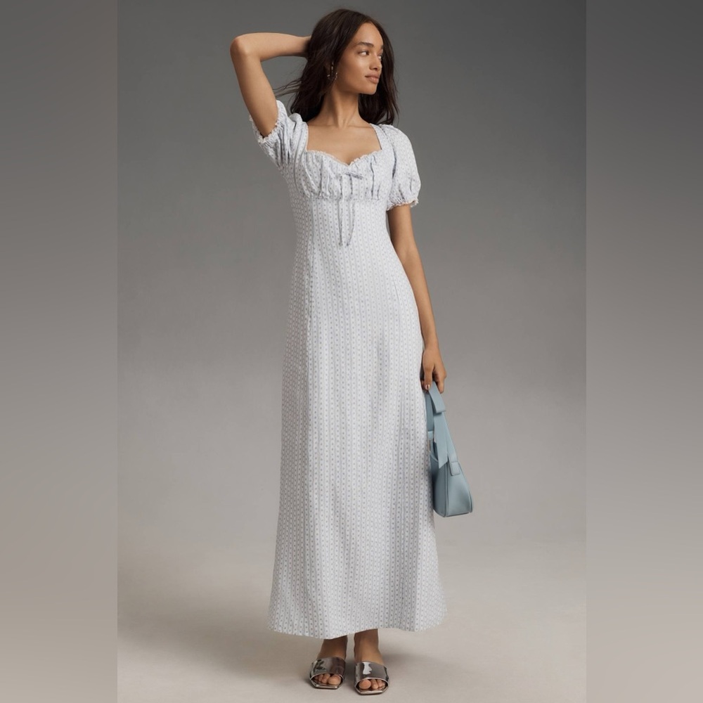 Reformation Cherise Linen Midi Dress Blue and White size 10, NWT